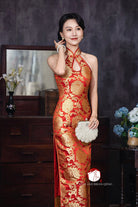 Beth and Brian Qipao-Exclusivedesigner Exclusive designer collection, red and gold water drop collar long Qipao