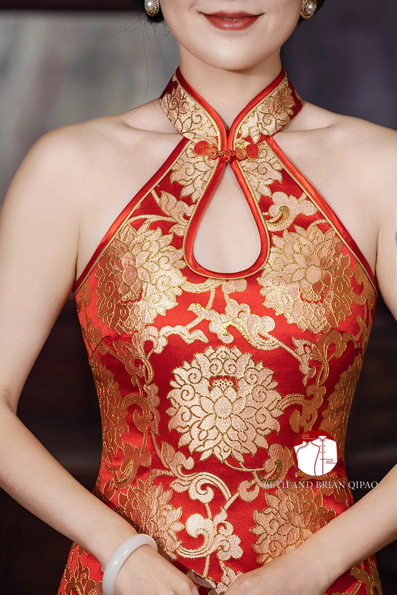 Beth and Brian Qipao-Exclusivedesigner Exclusive designer collection, red and gold water drop collar long Qipao