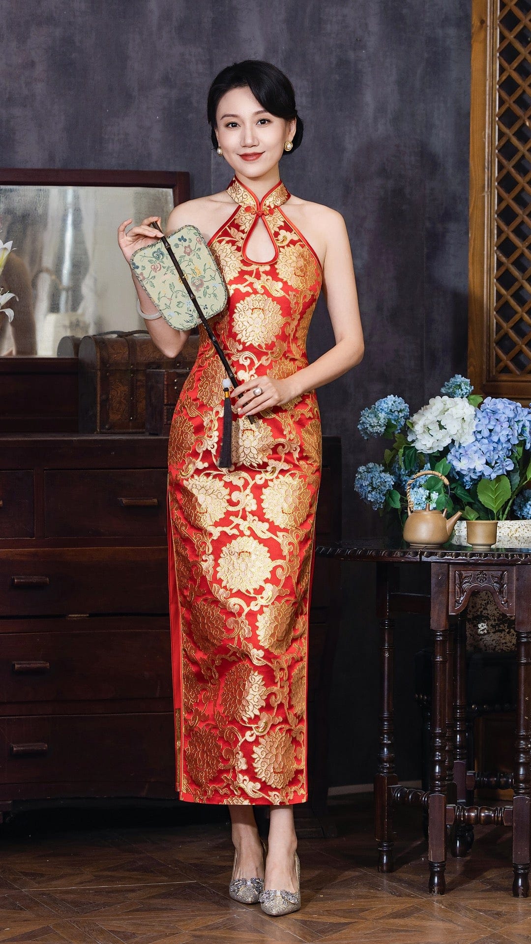 Beth and Brian Qipao-Exclusivedesigner Exclusive designer collection, red and gold water drop collar long Qipao
