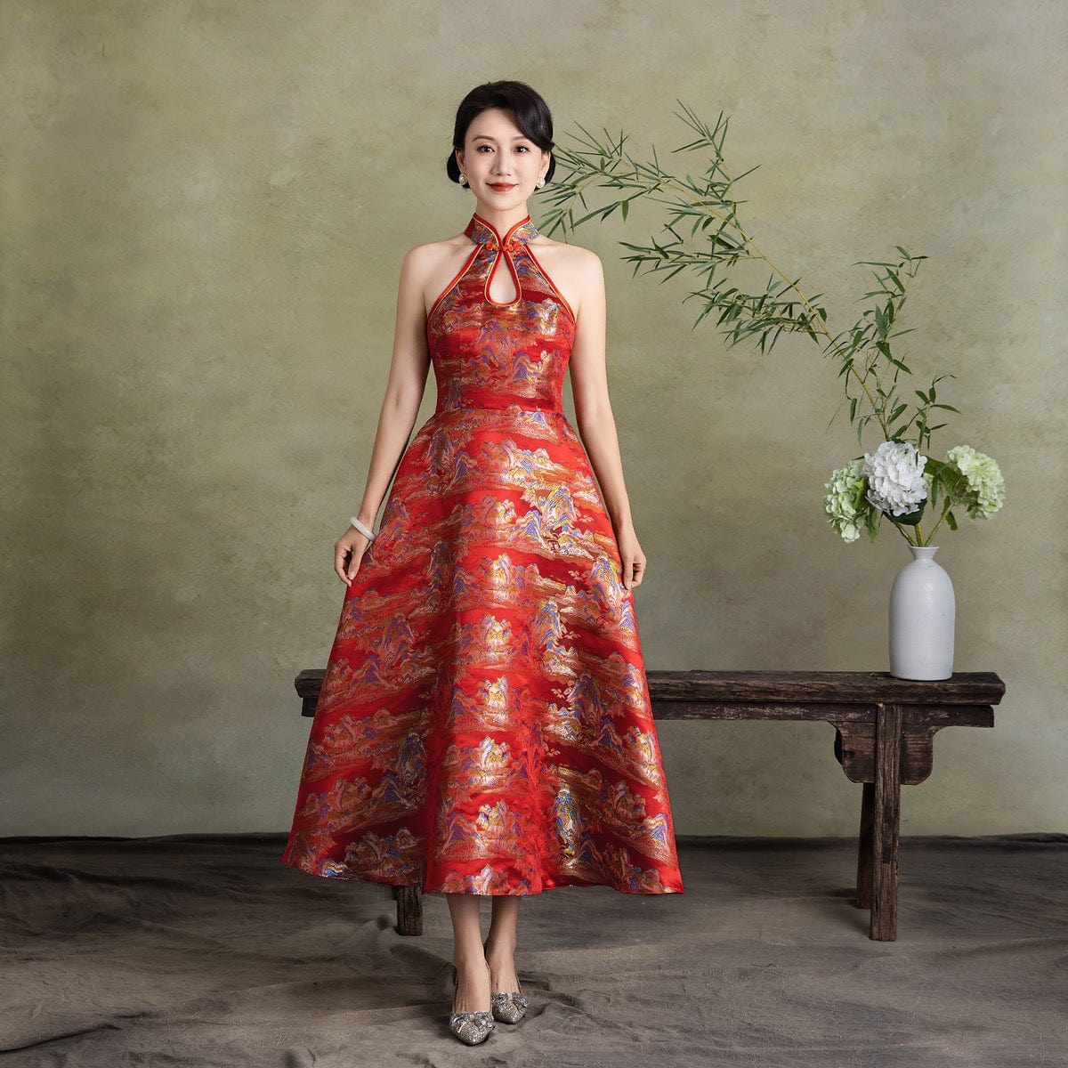 Beth and Brian Qipao-Exclusivedesigner Exclusive designer collection, Thousands Miles of Mountains and Rivers midi Qipao