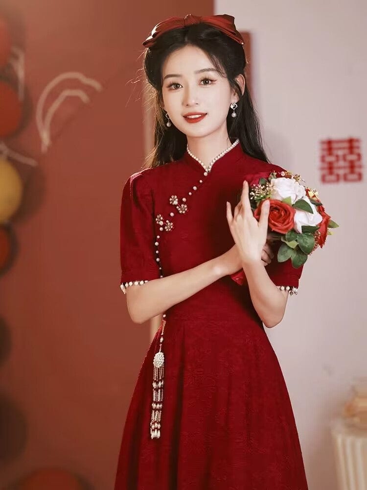 Beth and Brian Qipao-HFR Jacquard and lace fabric, wedding red midi A-line Qipao