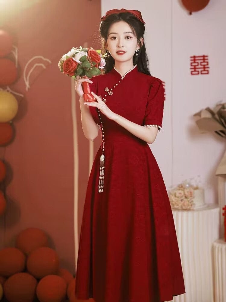 Beth and Brian Qipao-HFR Jacquard and lace fabric, wedding red midi A-line Qipao