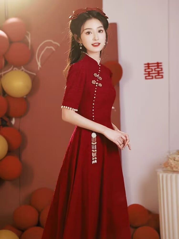 Beth and Brian Qipao-HFR Jacquard and lace fabric, wedding red midi A-line Qipao