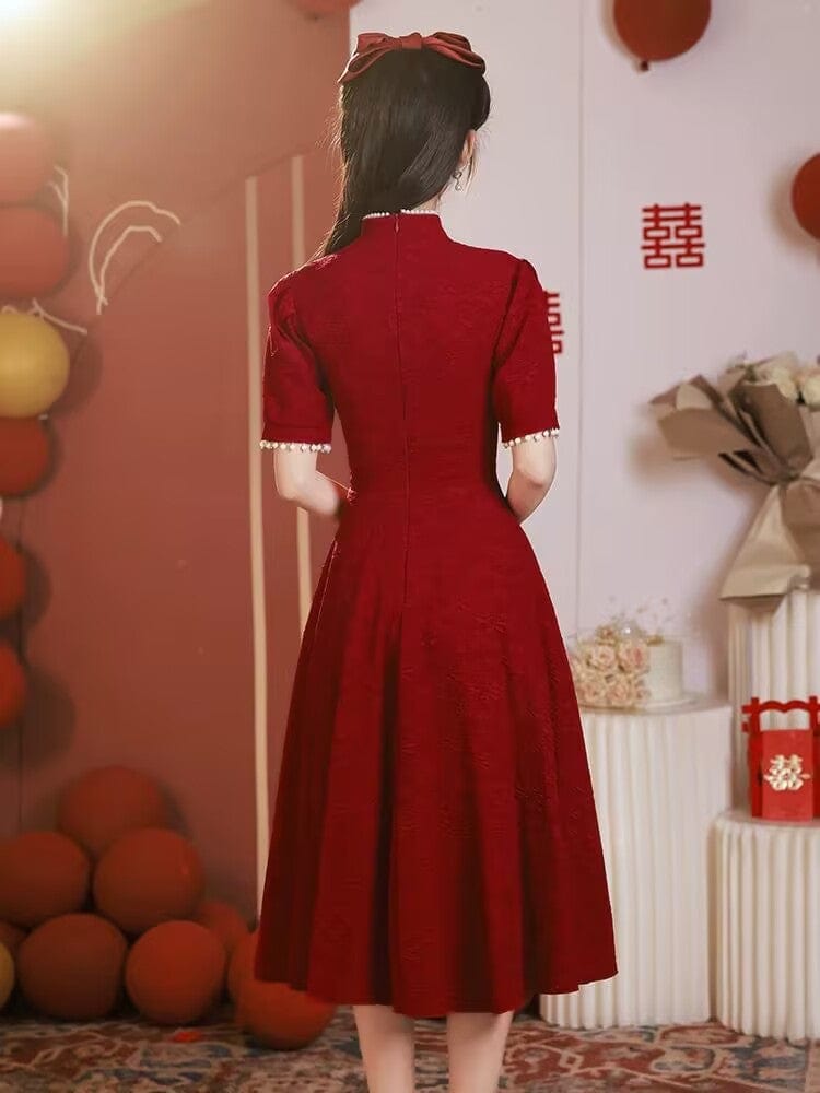 Beth and Brian Qipao-HFR Jacquard and lace fabric, wedding red midi A-line Qipao
