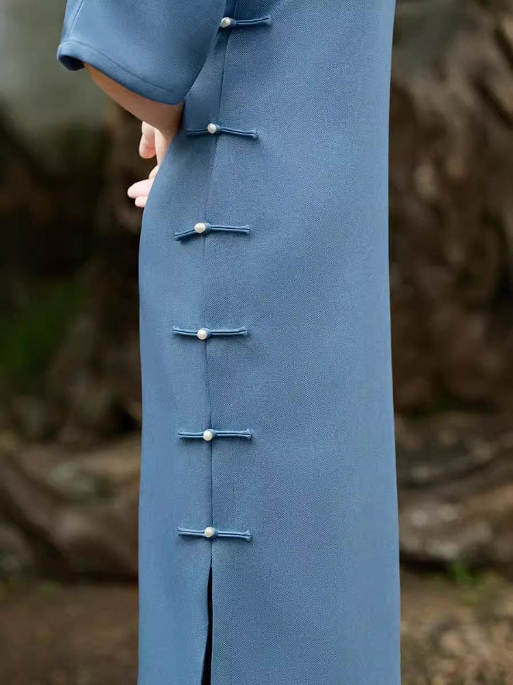 Beth and Brian Qipao-XD Old Shanghai style, plain pattern, blue long Cheongsam