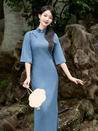 Beth and Brian Qipao-XD Old Shanghai style, plain pattern, blue long Cheongsam