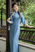 Beth and Brian Qipao-XD Old Shanghai style, plain pattern, blue long Cheongsam