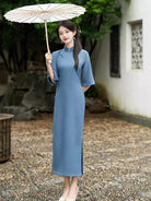 Beth and Brian Qipao-XD Old Shanghai style, plain pattern, blue long Cheongsam