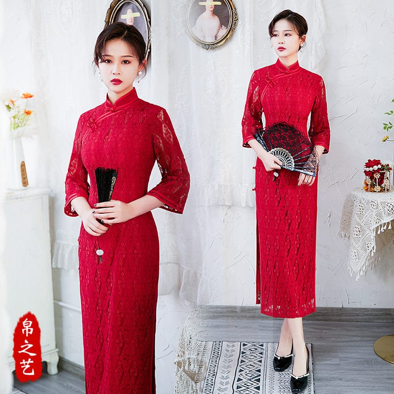 Beth and Brian Qipao-BZY Lace fabric, floral red long Cheongsam
