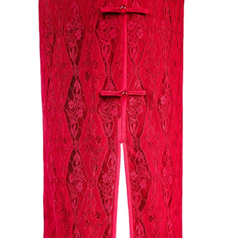 Beth and Brian Qipao-BZY Lace fabric, floral red long Cheongsam