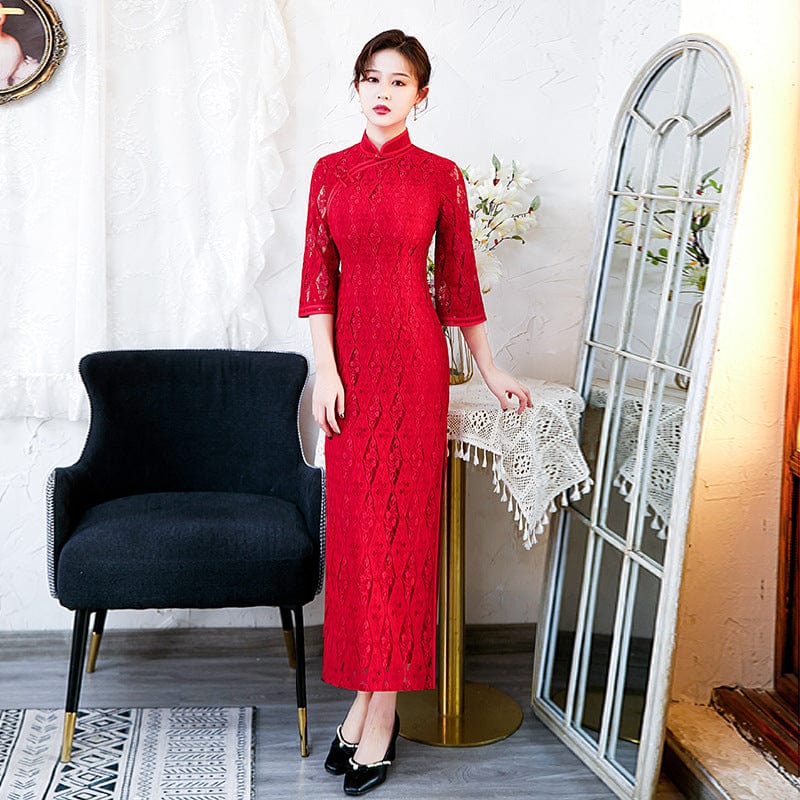 Beth and Brian Qipao-BZY Lace fabric, floral red long Cheongsam
