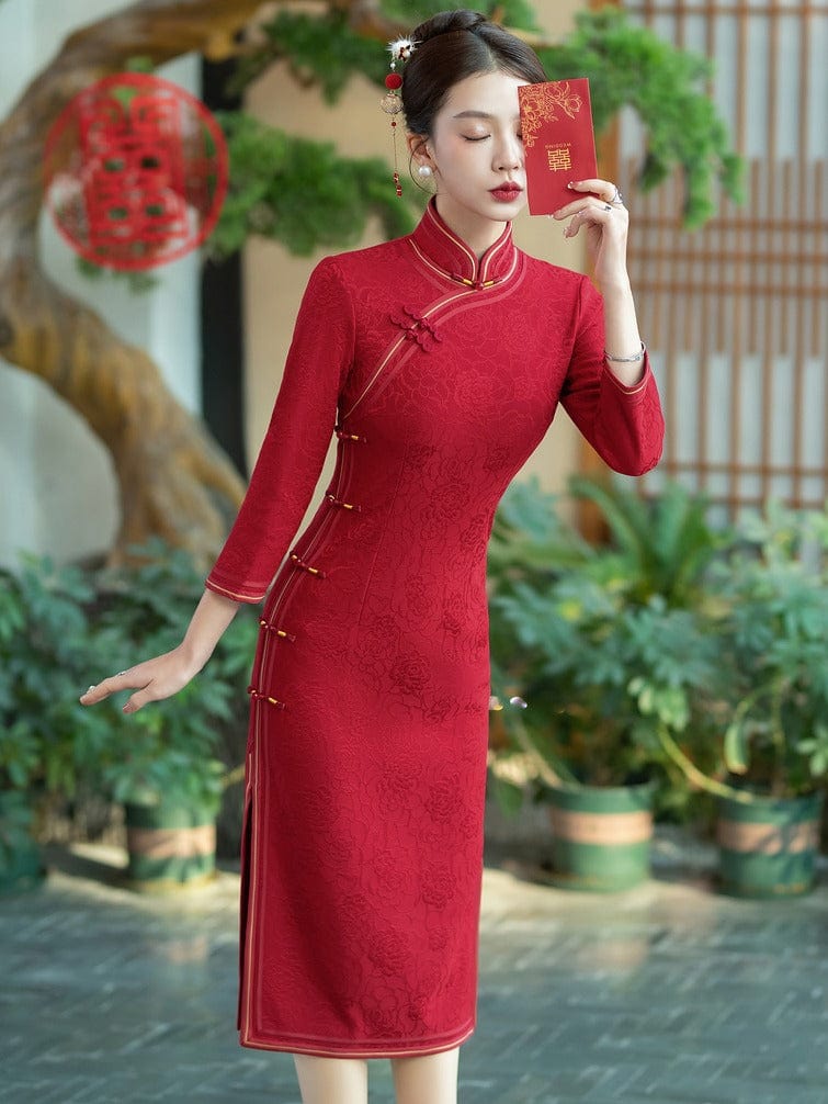 Beth and Brian Qipao-HQ Fall and winter collection, wedding red midi Cheongsam