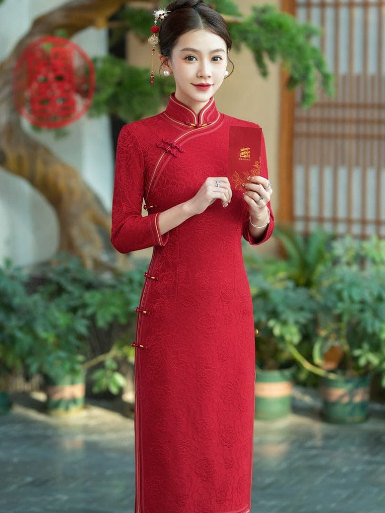 Beth and Brian Qipao-HQ Fall and winter collection, wedding red midi Cheongsam