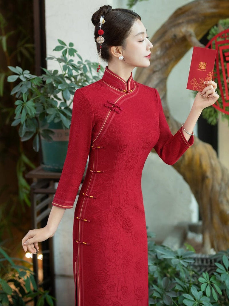 Beth and Brian Qipao-HQ Fall and winter collection, wedding red midi Cheongsam