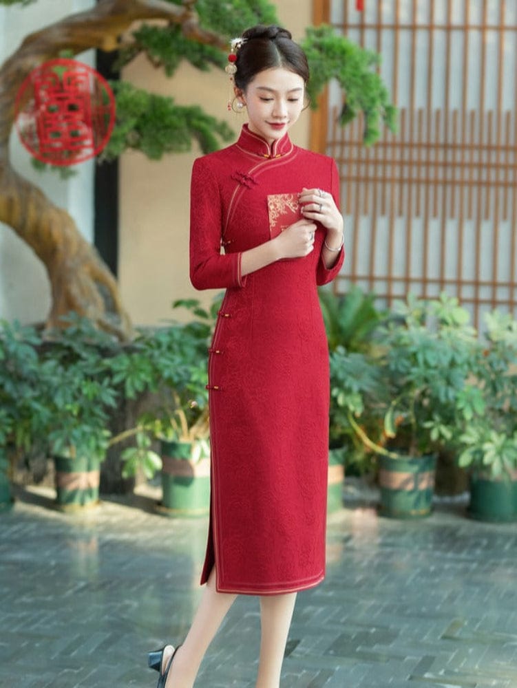 Beth and Brian Qipao-HQ Fall and winter collection, wedding red midi Cheongsam