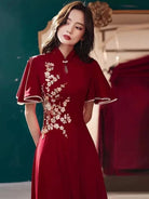 Beth and Brian Qipao-YCS Floral embroidery, butterfly mesh fabric, full length red Qipao