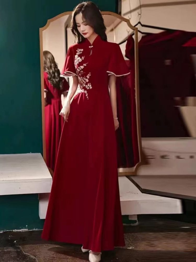 Beth and Brian Qipao-YCS Floral embroidery, butterfly mesh fabric, full length red Qipao