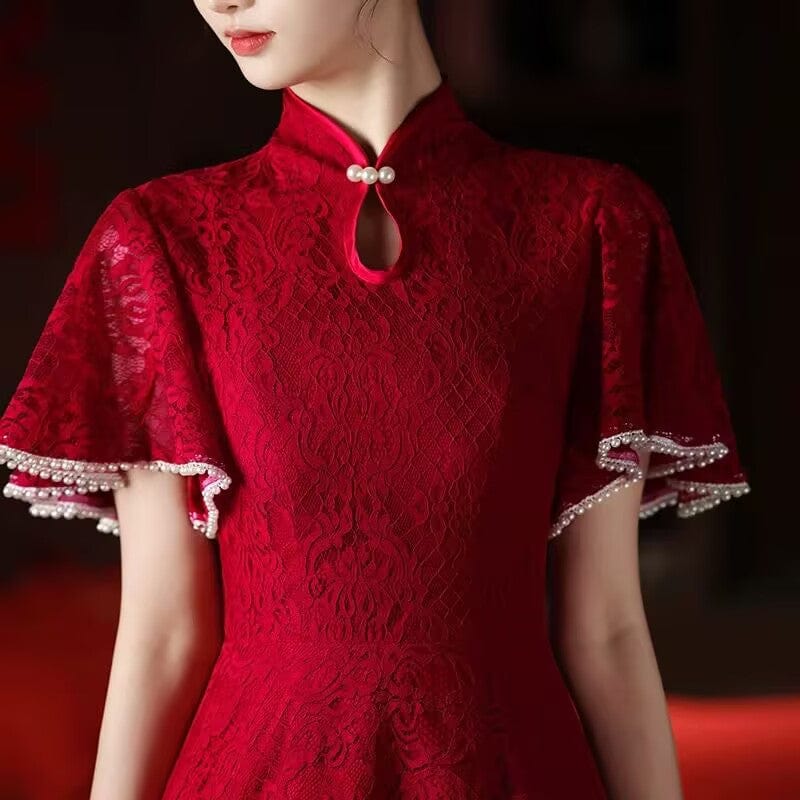 Beth and Brian Qipao-FD Floral pattern, lace mid-length&long A-line Cheongsam