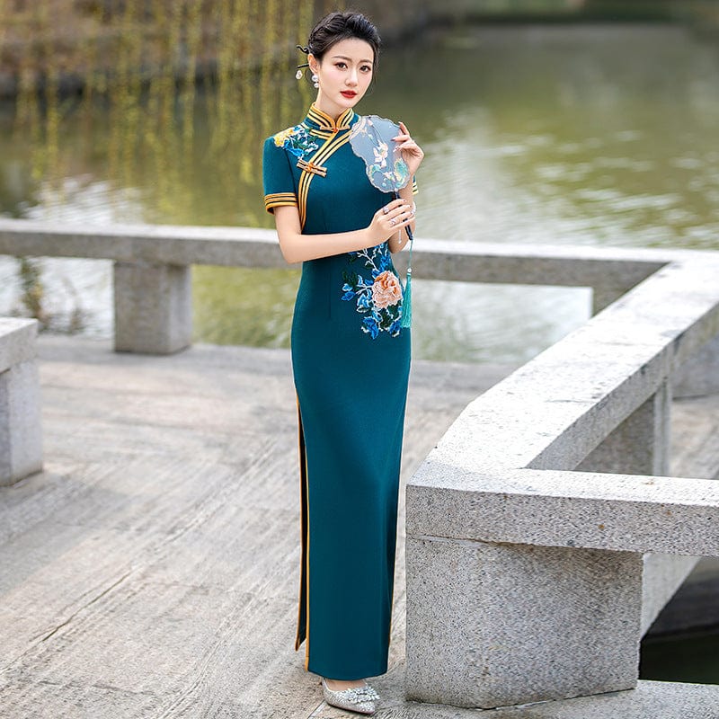 Beth and Brian Qipao-YD Plus size long Cheongsam with short sleeves