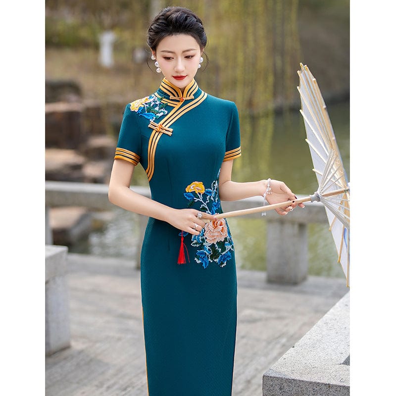 Beth and Brian Qipao-YD Plus size long Cheongsam with short sleeves