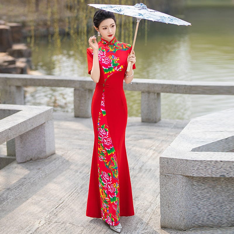 Beth and Brian Qipao-YD Northeast Chinese Peony Pattern, plus size long Cheongsam for mothers