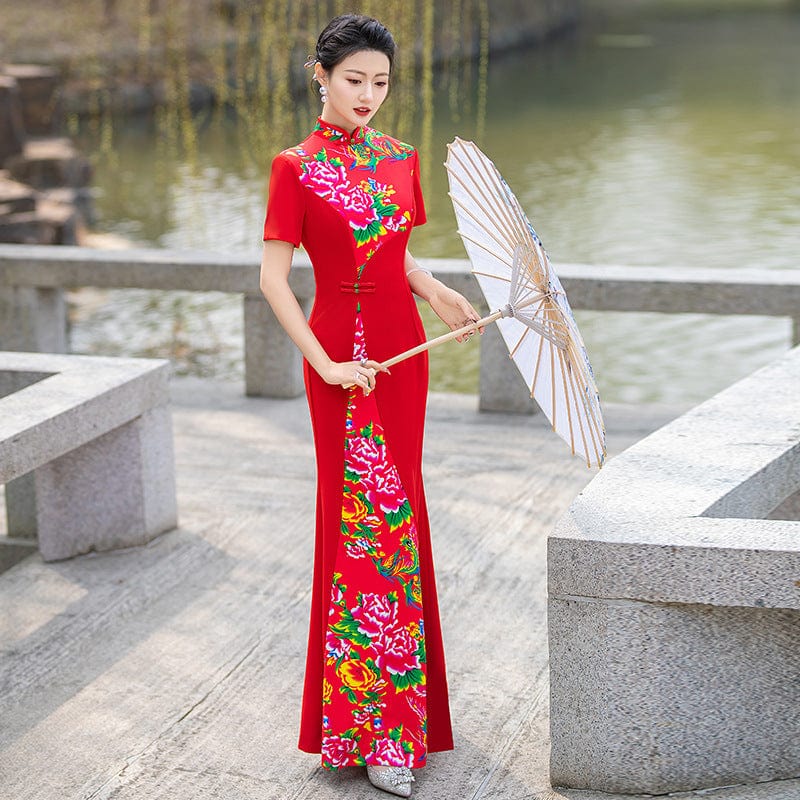 Beth and Brian Qipao-YD Northeast Chinese Peony Pattern, plus size long Cheongsam for mothers