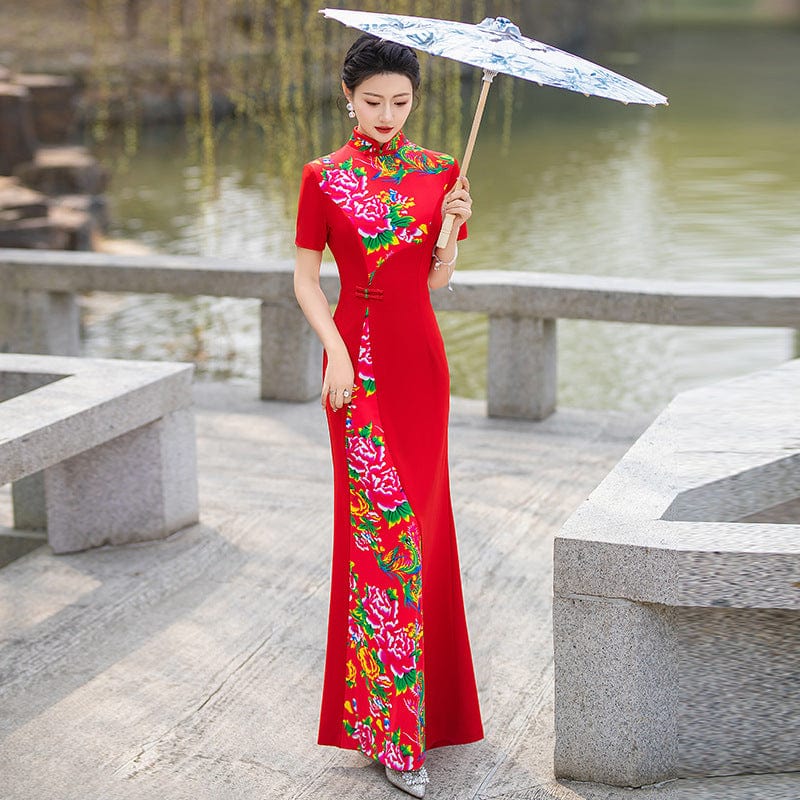 Beth and Brian Qipao-YD Northeast Chinese Peony Pattern, plus size long Cheongsam for mothers