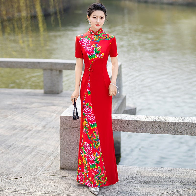 Beth and Brian Qipao-YD Northeast Chinese Peony Pattern, plus size long Cheongsam for mothers