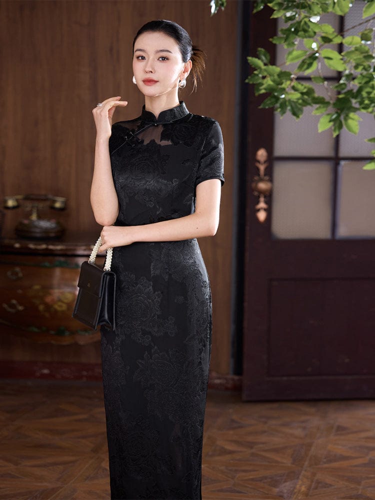 Beth and Brian Qipao-JD 19 mome mulberry silk, floral pattern, high-end black long Cheongsam