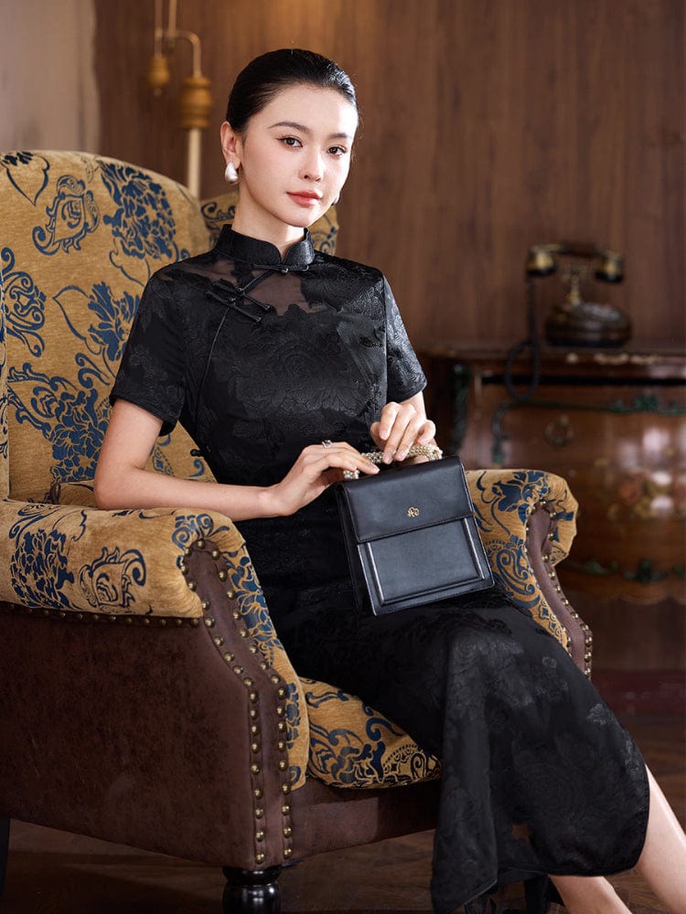 Beth and Brian Qipao-JD 19 mome mulberry silk, floral pattern, high-end black long Cheongsam