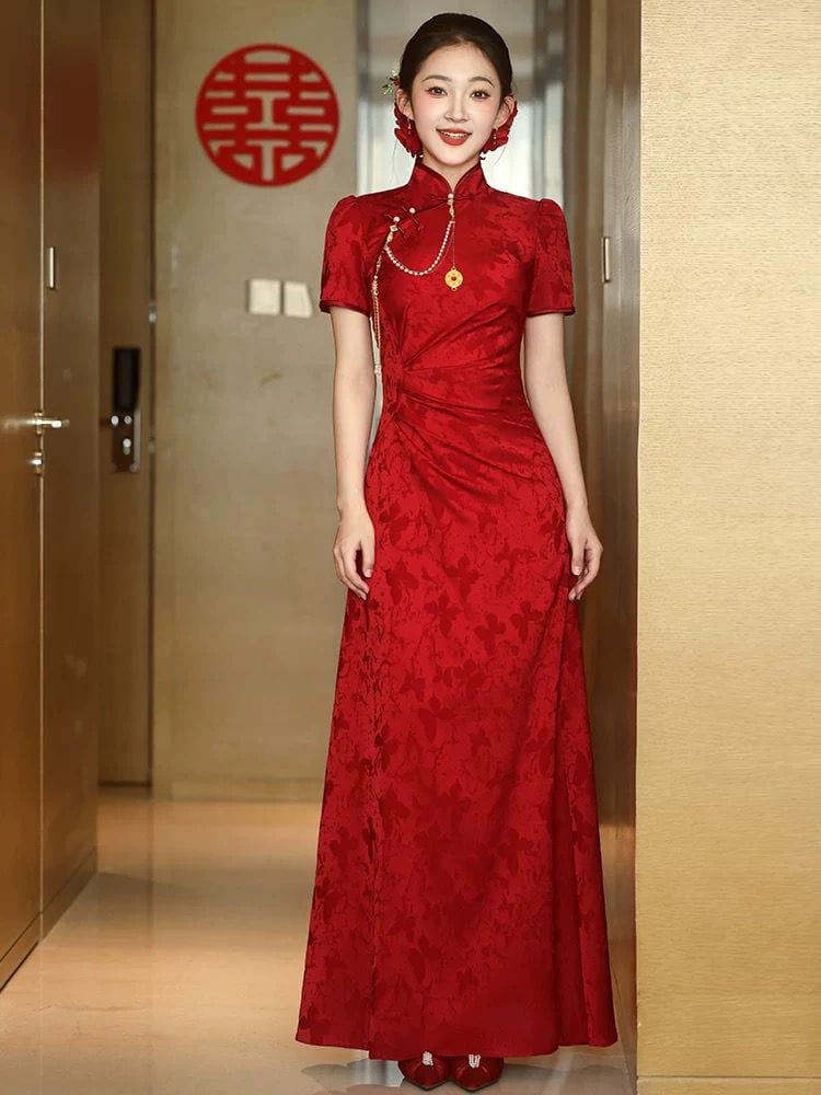 cheongsam maxi dress Wedding Qipao, long Cheongsam, Red long Cheongsam, flroal long Cheongsam 3XL / Red