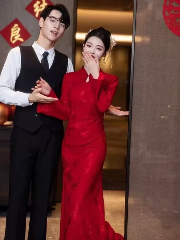 Beth and Brian Qipao-HJWY Qipao for wedding, jacquard mermaid long Qipao