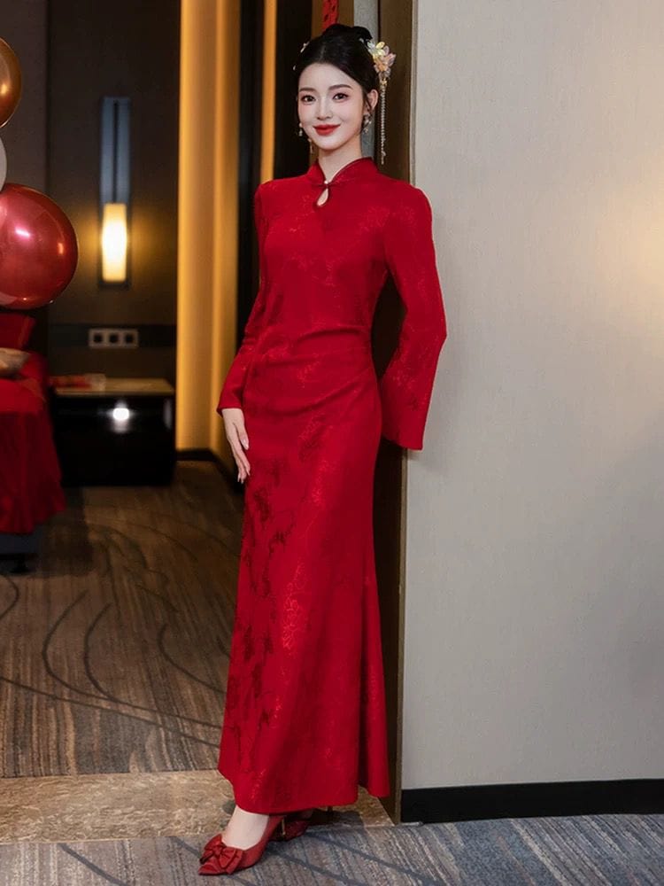 Beth and Brian Qipao-HJWY Qipao for wedding, jacquard mermaid long Qipao