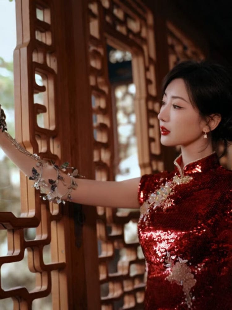 Beth and Brian Qipao-YYFF Floral embroidery, Chinese Sequins prom short Cheongsam