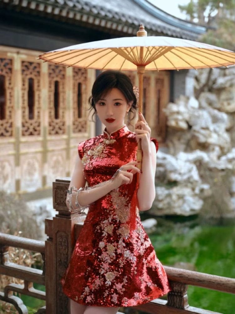 Beth and Brian Qipao-YYFF Floral embroidery, Chinese Sequins prom short Cheongsam