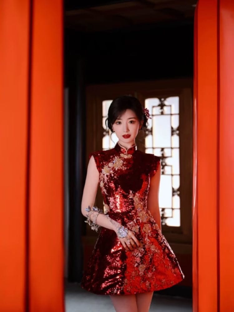 Beth and Brian Qipao-YYFF Floral embroidery, Chinese Sequins prom short Cheongsam