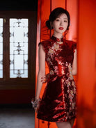 Beth and Brian Qipao-YYFF Floral embroidery, Chinese Sequins prom short Cheongsam