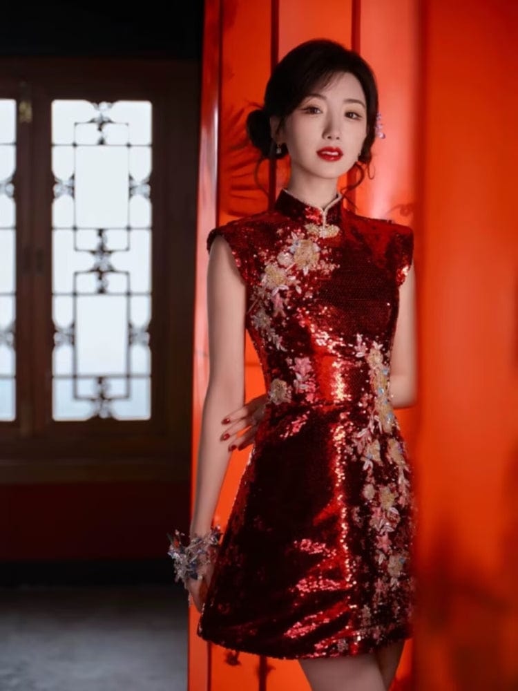 Beth and Brian Qipao-YYFF Floral embroidery, Chinese Sequins prom short Cheongsam