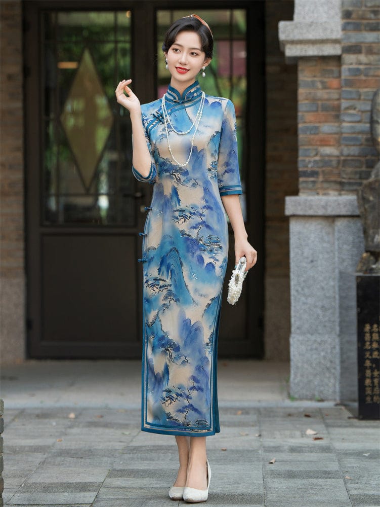 Beth and Brian Qipao-HQ Thousand Miles of Mountains and Rivers pattern, plus size long Cheongsam
