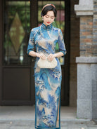 Beth and Brian Qipao-HQ Thousand Miles of Mountains and Rivers pattern, plus size long Cheongsam