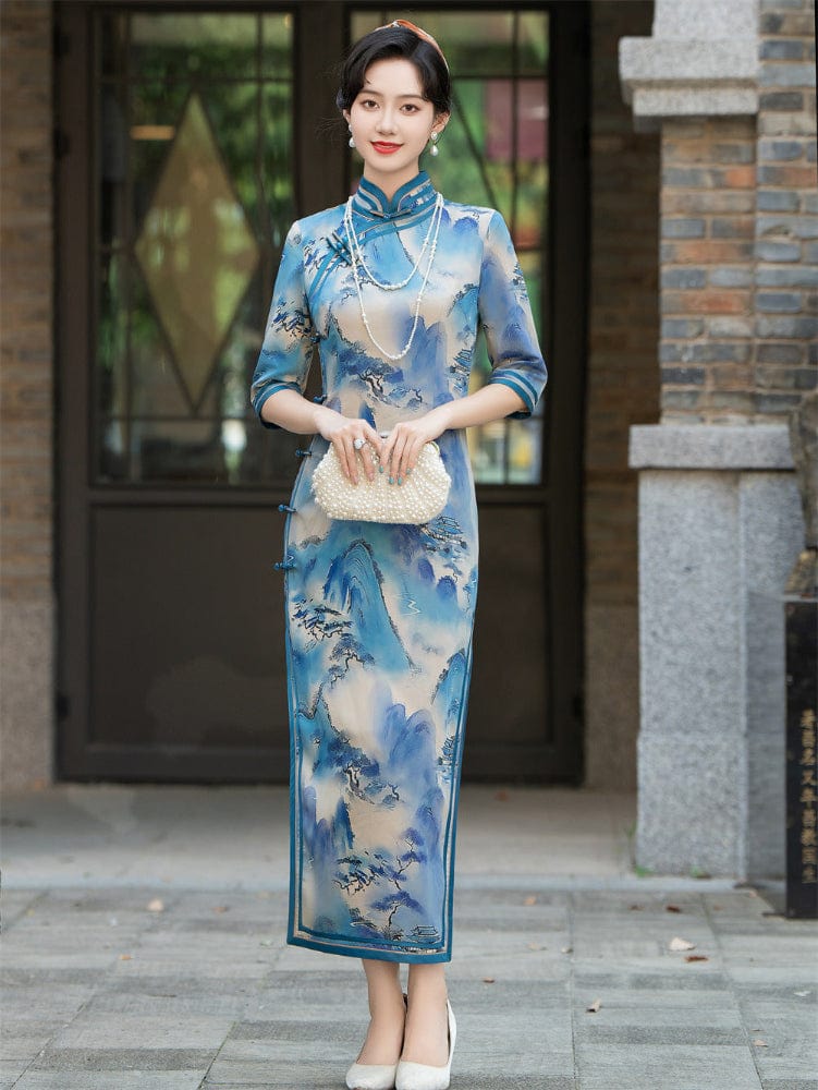 Beth and Brian Qipao-HQ Thousand Miles of Mountains and Rivers pattern, plus size long Cheongsam