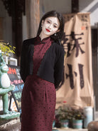 Beth and Brian Qipao-LSB Flocking fabric, polkadot pattern, red long Cheongsam