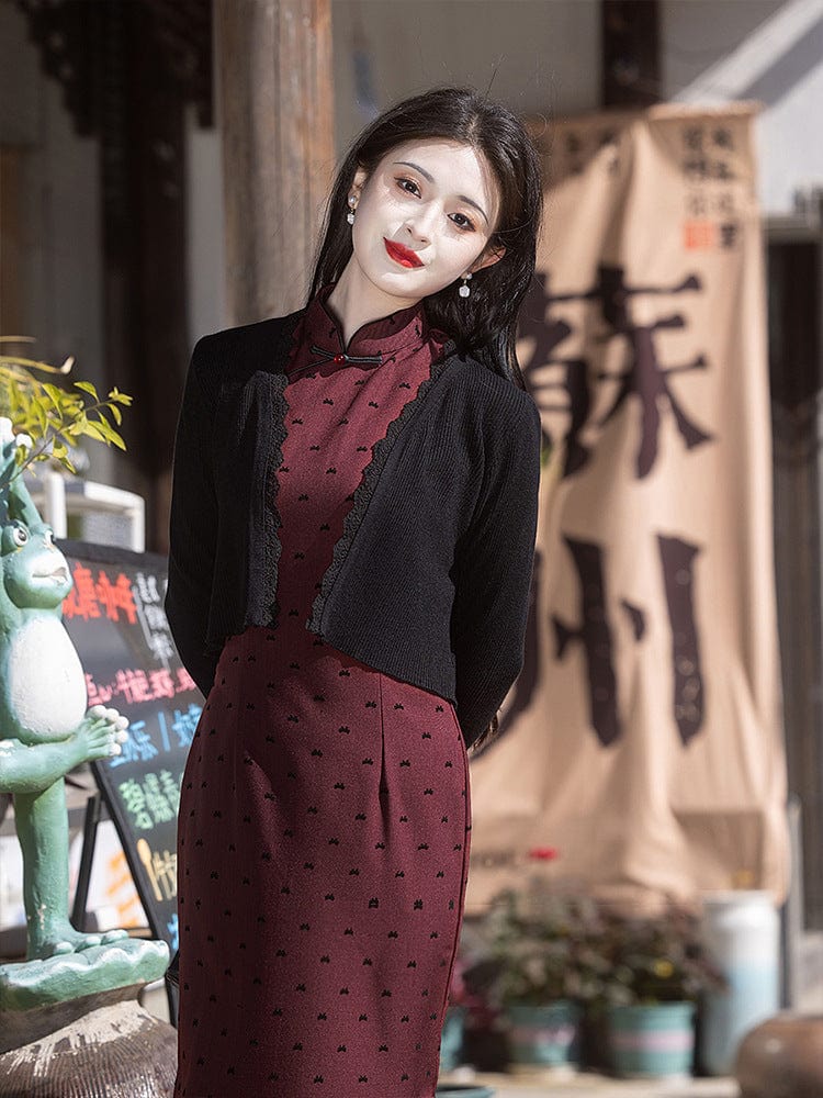 Beth and Brian Qipao-LSB Flocking fabric, polkadot pattern, red long Cheongsam