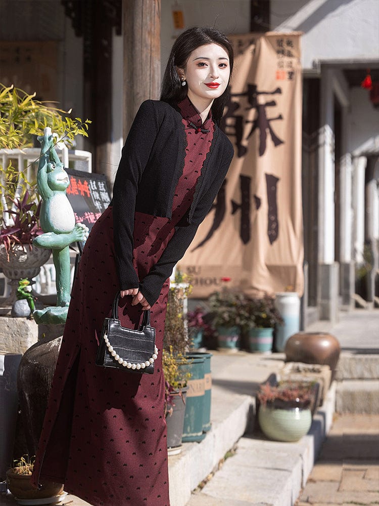 Beth and Brian Qipao-LSB Flocking fabric, polkadot pattern, red long Cheongsam