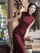 Beth and Brian Qipao-LSB Flocking fabric, polkadot pattern, red long Cheongsam
