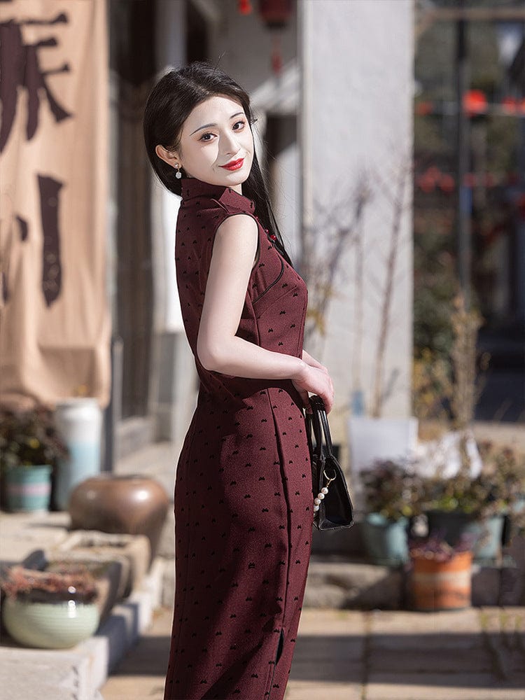 Beth and Brian Qipao-LSB Flocking fabric, polkadot pattern, red long Cheongsam