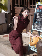 Beth and Brian Qipao-LSB Flocking fabric, polkadot pattern, red long Cheongsam