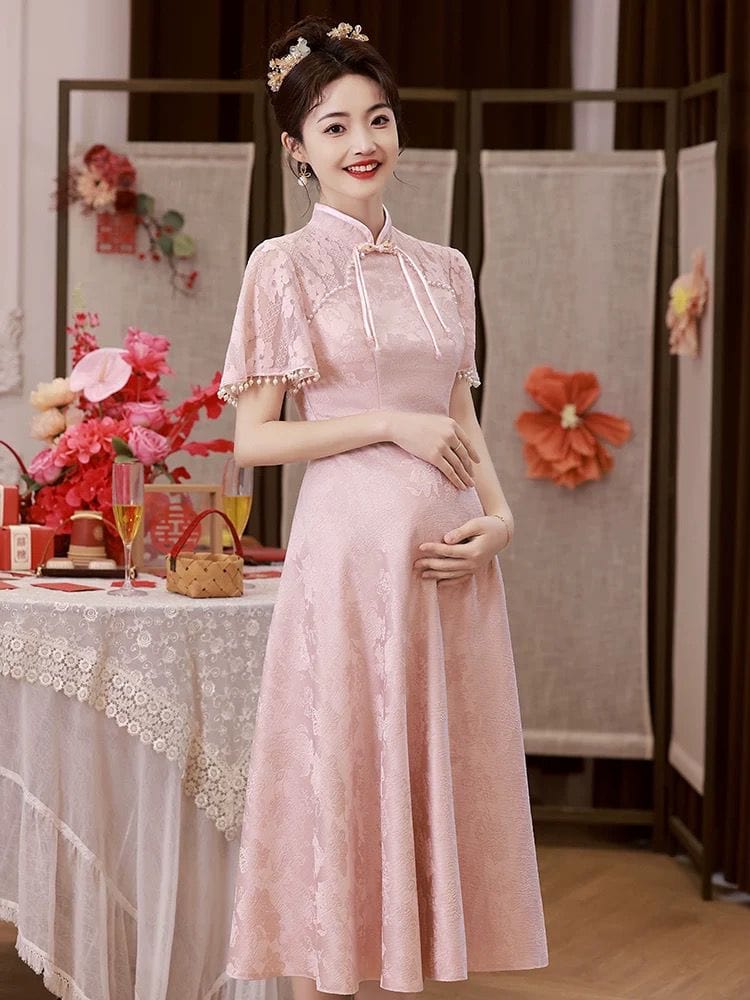 Beth and Brian Qipao-XL Floral pattern, A line pregnancy midi Cheongsam Dress
