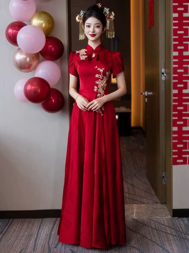 Beth and Brian Qipao-HMD FLoral embroidery, red wedding long Cheongsam