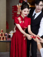 Beth and Brian Qipao-HMD FLoral embroidery, red wedding long Cheongsam